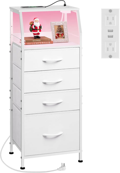 WLIVE Night Stand with Charger Station, White Nightstand with LED Light and