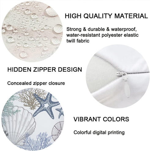Blue Ocean Waterproof Outdoor Pillow Covers 18x18 Inch Set of 2, Nautical Coastal Starfish Coral Shell Conch Throw