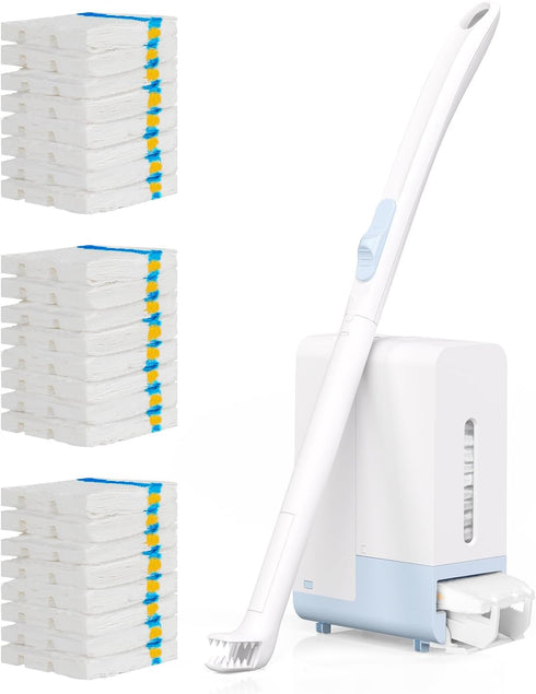 Disposable Toilet Brush Wand Starter Kit - Wall Mount Cleaning System with 1 Wand, 24 Flushable Refills, 1 Caddy