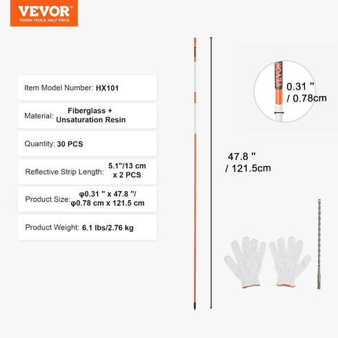 30 48 inch, 0.31 inch 12" VEVOR Driveway Markers, PCS Diameter, Orange Fiberglass Poles Snow Stakes with Reflective