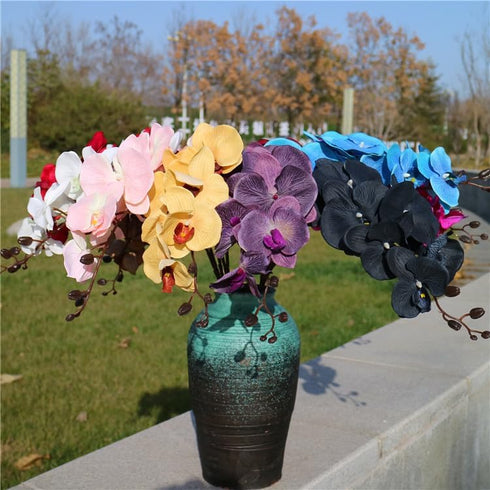 Rikyo 8 Heads Faux Black Orchid, 40" Bouquets 2 Stem Phalaenopsis Fake Flowers for Home Decoration, Office Decor,