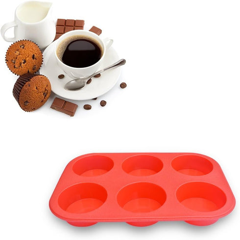homEdge 6-Cup Silicone Muffin Pan, Pack of 2 Non-Stick Muffin Cupcake Molds, Blue and Red