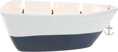 Pavilion Gift Company Life is Better 10 Oz Triple Wick Candle in Ceramic Boat Dish, Blue, 67770