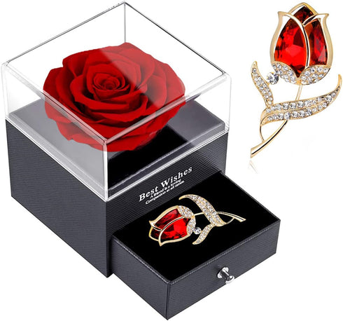 Preserved Red Rose Gift Box, Enchanted Real Rose with Ruby Brooch, Handmade Forever Red Rose Gift