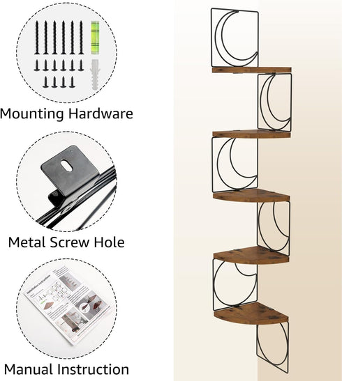5 PHAREGE Tier Moon Phase Corner Shelves Brown Black, Rustic Storage Shelves for Bedroom Kitchen Bathroom Living Room