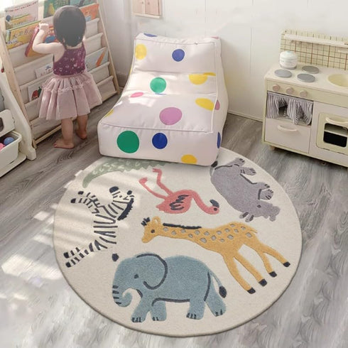 Poowe Rug,47.2" Cute Animals Kids Room Round Washable Area Rugs Rabbit Rug Nursery Rug for Baby Boys Girls Play Mat