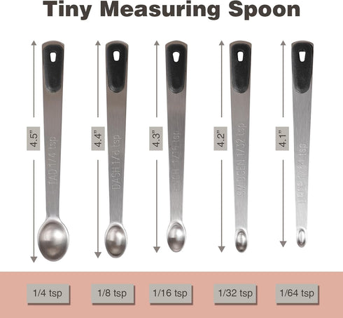 Measuring Spoons Set of 5, Tiny Stainless Steel Measuring Spoons with Black Silicone Handle, Small Measuring Spoon 1/64, 1/32, 1/16, 1/8, 1/4 tsp, Teaspoon for Dry or Liquid Ingredients