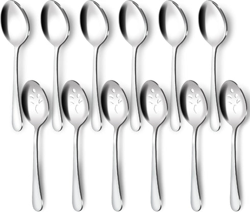 BEWOS 12-Piece Serving Spoons Set, 6 Serving and 6 Slotted Spoons, Stainless Steel
