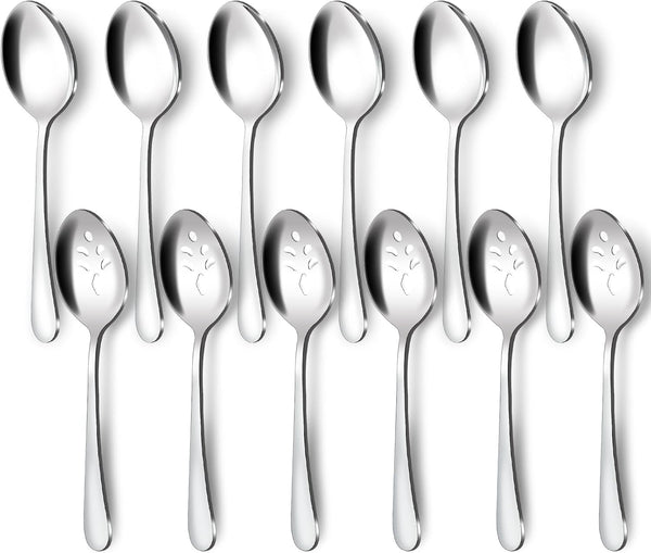 BEWOS 12-Piece Serving Spoons Set, 6 Serving and 6 Slotted Spoons, Stainless Steel