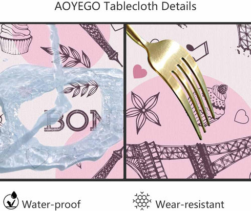 AOYEGO 60 Inch Eiffel Tower Pink Table Cloth Romantic Paris Ice Cream Coffee Star Shaped Leaves Round Tablecloth