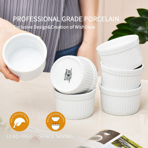 Ramekins Set of 6, 8 oz White Porcelain Dipping Sauce Dishes for Baking, Souffle, and Custard