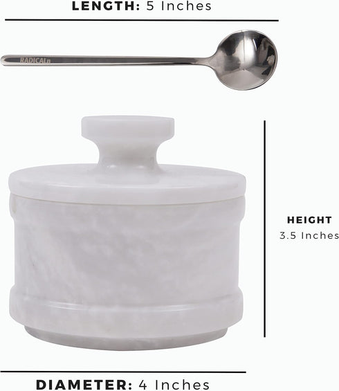 Radicaln Marble Salt Cellar, 4" Inch Handmade Sugar Bowl with Lid and Spoon, Spice Jar for Kitchen Storage