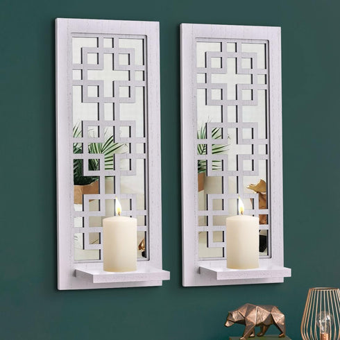 Aeveco Wall Mirrored Candle Sconces Set of 2, Decorative Wooden Candle Holder, Rustic