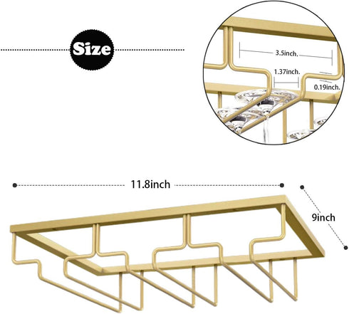 Wine Glass Rack, Under Cabinet Stemware Holder, Metal Organizer for Kitchen Bar (Gold, 3 Rows 1 Pack)