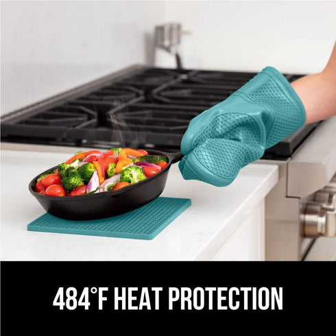 Gorilla Grip 4 Piece Silicone Oven Mitt and Trivets Set, Waterproof, Cotton Lined, BPA-Free, Turquoise