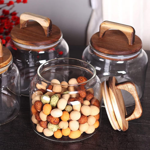 SAIOOL Set of 4 Glass Jars with Airtight Lid, Borosilicate Kitchen Canisters for Candy, Cookie, Rice, Sugar