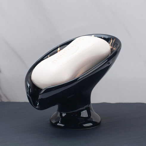 Ceramic Soap Dish, Leaf Shape, Self Draining, Black