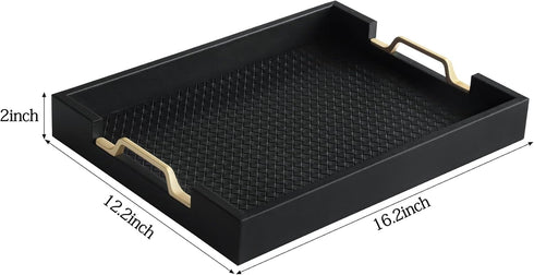 Countertop, 16.2 12.2 2 inches HofferRuffer Faux Leather Rectangle Serving Tray Decor Platter with Gold Metal Handles