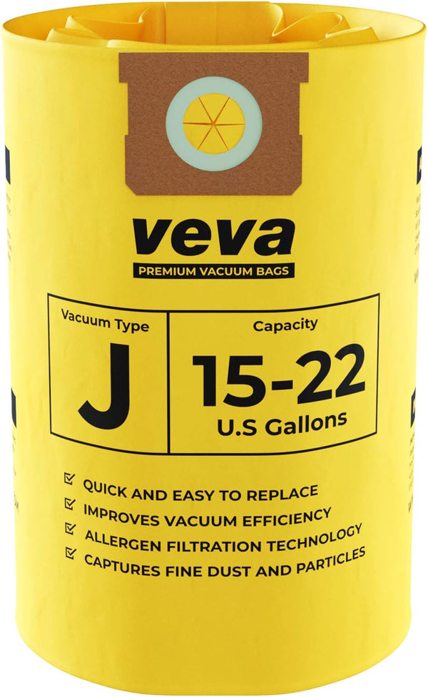 VEVA 10 Pack Premium Vacuum Filter Bags Type J, Compatible with Shop Vacuum 15-22 Gallon Vac - 90673
