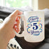 Cheers to 5 Years - Large 15oz White Ceramic Mug - Coffee Gifts for Women & Men - 5th Anniversary Party Decor