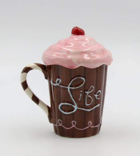 Life Is Sweet Mug with Pink Lid, 5-3/4-Inch