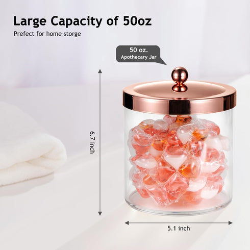 SheeChung Premium Apothecary Jar - 50 Oz. Large Clear Plastic Container Canister with Rust Proof Stainless Steel Lid, Laundry/Kitchen/Bathroom Vanity Countertop Storage Organizer Decor (Rose Gold) … by SheeChung