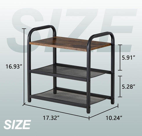 3-Tier Closet, 6 Shoe Rack, Heavy-Duty Metal Grid, Rustic Wooden Top & Guardrails - for Entryway, Bathroom (Holds