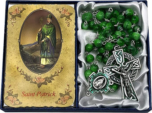 CB Catholic St Patrick Green Glass Marble Bead Rosary Gift Set