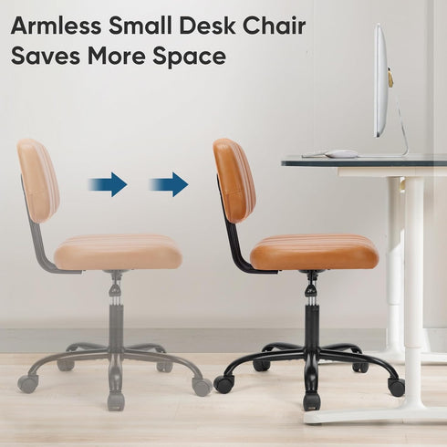Armless 360 DUMOS Small Home Office Desk Chair - Vanity Task Chair with Low Back, Height Adjustable PU Leather Swivel