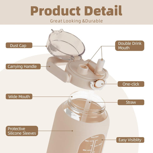 SIEROZUR 74oz Glass Water Bottle with Straw - Large Motivational Water Jug with Handle and Time Marker