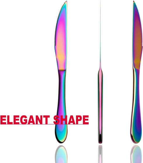 Ultra-Sharp Multi-color Serrated Steak Knives Set, 6-Piece Stainless Steel Cutlery, Dishwasher Safe (Rainbow)
