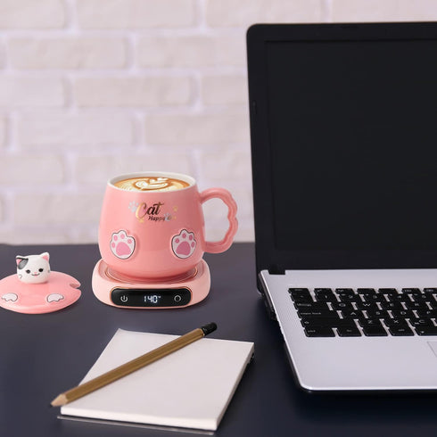Bgbg Coffee Mug Warmer & Cute Cat Mug Set, Electric Beverage Cup Warmer for Desk with Three Temperature Settings