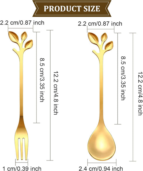 Stainless Steel Leaf Coffee Spoon and Appetizer Fork Tableware Dessert Spoon Mini Dessert Utensils Set Creative Demitasse Spoons and Forks for Stirring, Fruit, Cake, Coffee, Tea (Gold, 40 Pieces)