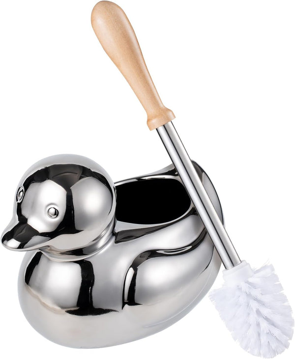 Toilet Brush Holder Set - Ceramic Silver Toilet Scrubber Brush with Duck