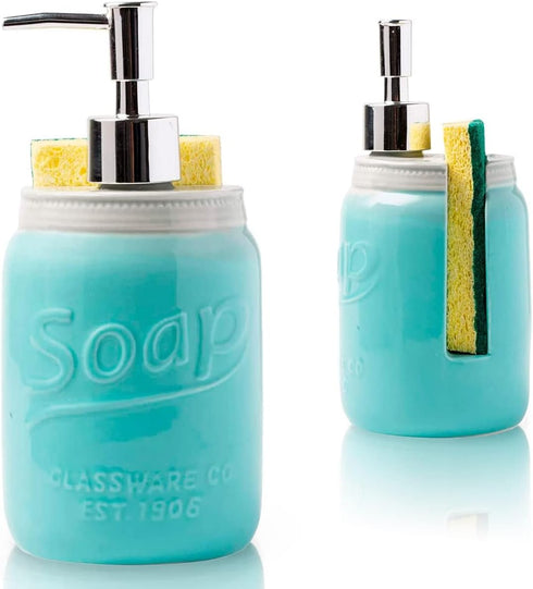 Mason Jar Kitchen Soap Dispenser & Sponge Holder - 14oz Liquid Soap Dispenser with Stainless Steel Pump