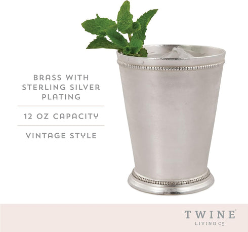 Twine Mint Julep Cup, Set of 1, 12 oz, Real Brass with Sterling Silver Plating Derby Cocktail Tumbler