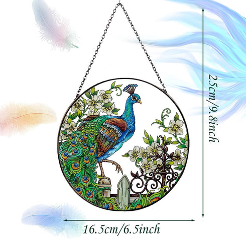Peacock Stained Glass Suncatcher: Hand-Painted Window Wall Hanging Decor Ornament 6.5''*6.5'' for Home Garden Gift