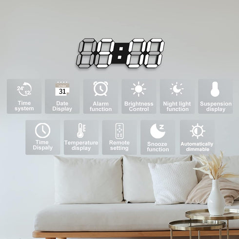 3D Snooze Dimmable 12/24 (15 Inch, Deeyaple Led Digital Alarm Clock Small Wall Clock Time Memory Date Temperature