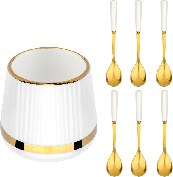 6PCS Mini Dessert Spoons Set, Small Stainless Steel Gold Tea Spoons with Ceramic Jar Holder