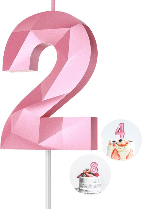 Number Birthday Candles (2 Candle Pink), 3D Diamond Shape 2nd Happy Birthday Cake Topper for Celebration Supplies