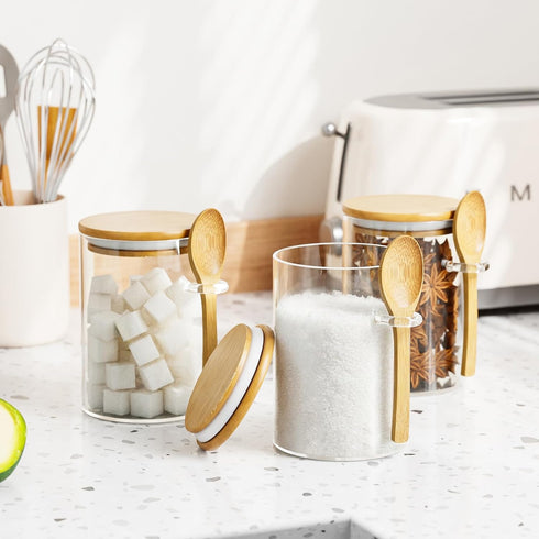Container,15 Pack 1 Sugar Jar Glass Salt Ounces Clear Airtight Caning with Bamboo Lid and Spoon Scoop, Storage