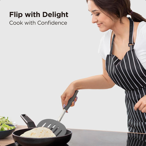 Kitchen Mama WALTZGRIP Platinum Silicone Pancake Turner: Heat-Resistant, Wide Slotted Head, Stainless Steel Core (Metal