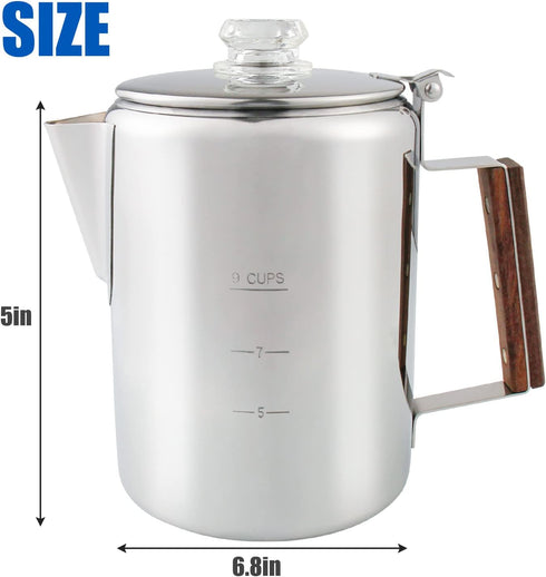 Camping Coffee Pot 9 Cups, Stainless Steel Coffee Percolator with Clear Top Glass Knob for Stovetop or Campfire Brewing