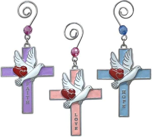 Faith Hope Love Cross Christmas Ornaments, Set of 3 Religious Crosses with Doves, Hearts, Inspirational Xmas Gift