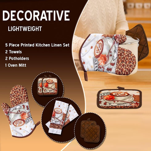 Lobyn Value Packs: 5-Piece Café Latte Kitchen Towel Set - Quilted Oven Mitt & 2 Potholders