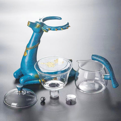 Mozeo Set 6pcs Heat-resistant Kungfu Glass Tea with Heater Attract Water Diversion Rotating Cover Bowl Lazy