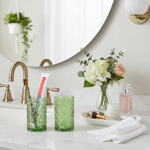 Tonxus Set, 11oz Set, Countertop Bathroom Toothbrush Holder Green Glass Toothbrush Holder and Bathroom Tumbler Cup