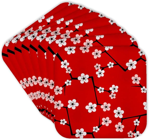 3dRose cst_58694_2 Bright Cherry Blossoms Print, Red, Soft Coasters, Set of 8