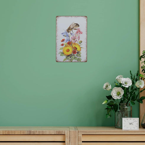 Retro Metal Tin Sign, Bee Sunflower Summer Wall Decor, Farmhouse Decor for Home Cafes Office Store 8 x 12 in