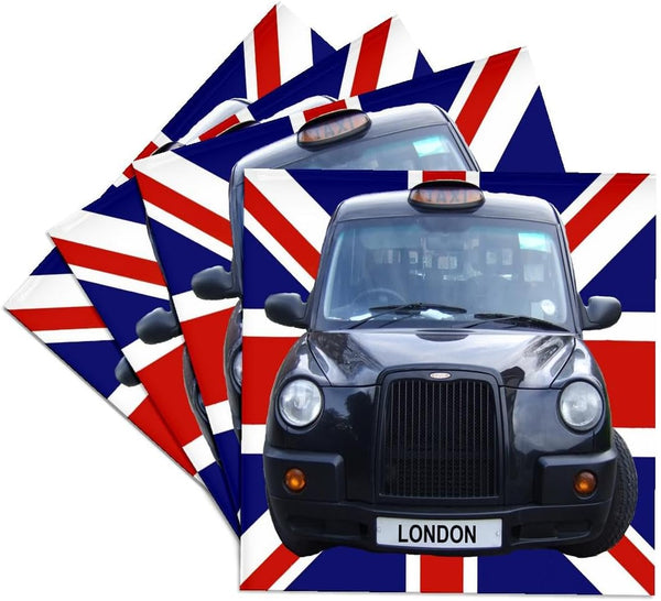 3dRose London Black Taxi Cab on British Flag, Ceramic Tile Coasters, Set of 4